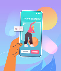 human hand using mobile fitness app woman doing physical exercises on smartphone screen training workout concept vector illustration