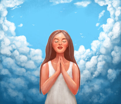 illustration of a beautiful girl woman during prayer against the background of a large blue sky with many clouds. Purity of Consciousness, Spiritual Bliss
