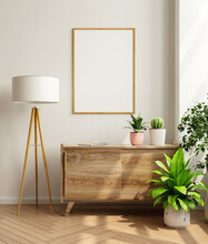 Mockup Frame On Cabinet In Living Room Interior,Scandinavian Style.