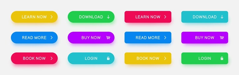 Poster - Set of vector different colors web buttons. Flat minimalist buttons with color shadows for website, apps, ui, games.