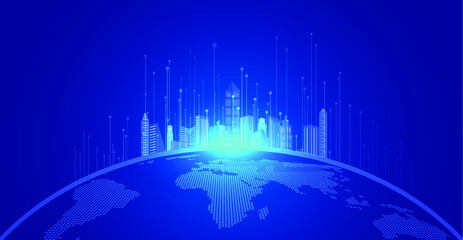Poster - building on earth with rising lines, future city concept.