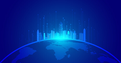 Poster - building on earth with rising lines, future city concept.