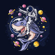 astronauts ride a shark in space with the planets planets