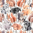 Watercolor pattern with cute Easter bunnies and squirrelsl. Happy Easter.