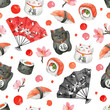 Seamless pattern with Japanese theme in watercolor style. Watercolor sushi. Japanese elements, lucky charms.