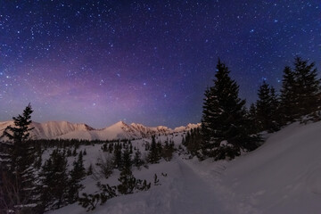 Wall Mural - night winter landscapes in the high tatras, with mountain houses on a background of snow-capped moun