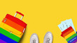 © Vera NewSib - LGBT pride people travel banner, summer holidays, vacation, tourism, LGBTQ community rainbow flag colors suitcase, passport, airplane boarding pass, flight ticket, shoes, yellow background, copy space
