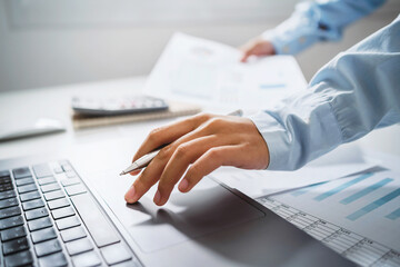 Poster - Business woman working in finance and accounting Analyze financial budget in the office