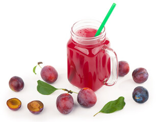 Sticker - plum juice in a glass with fresh plum fruit isolated on white background