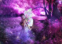 3d Fairy In Purple Forest With River