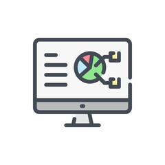  - Computer with statistics report color line icon. Online graph, chart and analytics vector outline colorful sign.