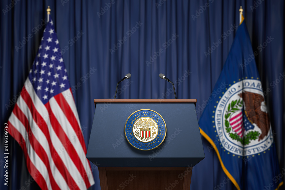 Federal Reserve System Fed of USA chairman press conference concept. Tribune with symbol and flag of FRS and United States. - obrazy, fototapety, plakaty 