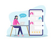 © Fand - Online customer support illustration. Female hotline operator answer customer with live chat, Chatting communication, Call center answer. Online global technical support. Vector in a flat style