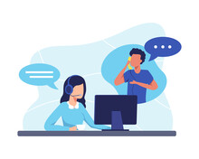 Hotline Operator Illustration Concept. Female Hotline Operator Advises Client, Customer Service, Customer And Operator. Online Global Technical Support 24 Hours. Vector Illustration In A Flat Style