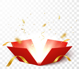 Wall Mural - open box with gold confetti , isolated on transparent background