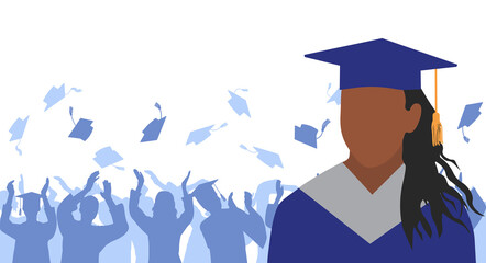 Wall Mural - African American girl graduate in mantle and academic square cap on background of cheerful crowd of graduates throwing their academic square caps. Graduation ceremony. Vector illustration