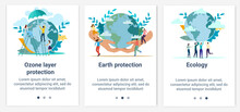 Modern Flat Illustrations In The Form Of A Slider For Web Design. A Set Of UI And UX Interfaces For The User Interface.Topic Protection Of The Planet Earth, The Ozone Layer And Ecology.