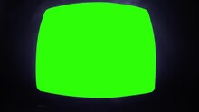 Old TV With Green Screen And Glitch, Low Point Of View, Wide Lens Shot.