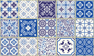 Naklejka na meble Collection of 15 ceramic tiles in turkish style. Seamless colorful patchwork from Azulejo tiles. Portuguese and Spain decor. Islam, Arabic, Indian, Ottoman motif. Vector Hand drawn background