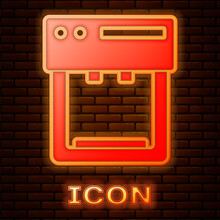 Glowing Neon Coffee Machine Icon Isolated On Brick Wall Background. Vector.