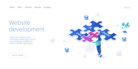 Web development concept in isometric vector design. Developers or designers working at internet app or online service. Web banner layout template.