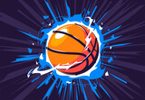 Vector illustration of a basketball on fire, with a dynamic dark background, a flaming basketball, energy around