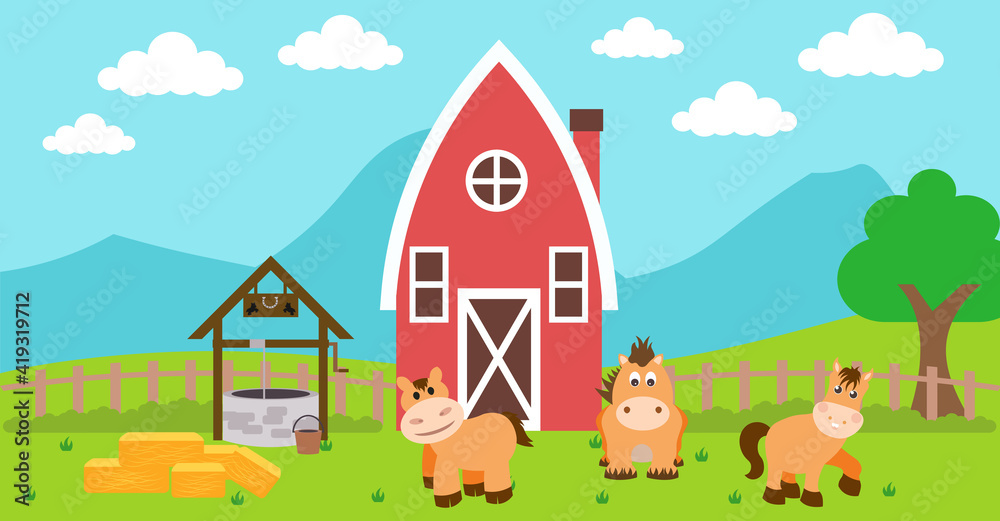Cute Cartoon Vector Illustration of Horse and Farm Rural Meadow Stock ...