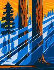 Sticker - WPA poster art of the Giant Sequoia National Monument located in the southern Sierra Nevada in eastern central California USA done in works project administration or federal art project style.