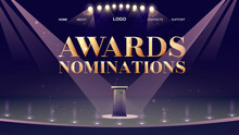 Award Nominations Cartoon Landing Page With Tribune, Microphone, Glowing Spotlights In Conference Hall, Stage For Presentation, Empty Scene Interior. Announcement Of Ceremony Event Vector Web Banner