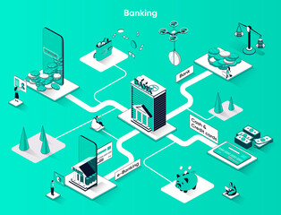 Poster - Banking services isometric web banner. Digital wallet, e-banking, cash and credit cards flat isometry concept. Financial transactions 3d scene design. Vector illustration with tiny people characters