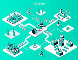 Aufkleber - Call center isometric web banner. Hotline operators in office flat isometry concept. Online customer support consultation all day 3d scene design. Vector illustration with tiny people characters