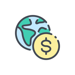 Poster - Online payment color line icon. Planet earth with dollar coin vector outline colorful sign.