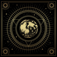 Earth or moon with line art, engraving, luxury style for tarot reader, card and poster