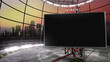 Virtual TV show city backdrop, with an empty screen. Ideal for virtual tracking system sets, with green screen. (3D rendering)
