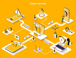 Poster - Cyber security isometric web banner. Protect personal data 3d scene design. Modern identification technologies, password access flat isometry concept. Vector illustration with tiny people characters