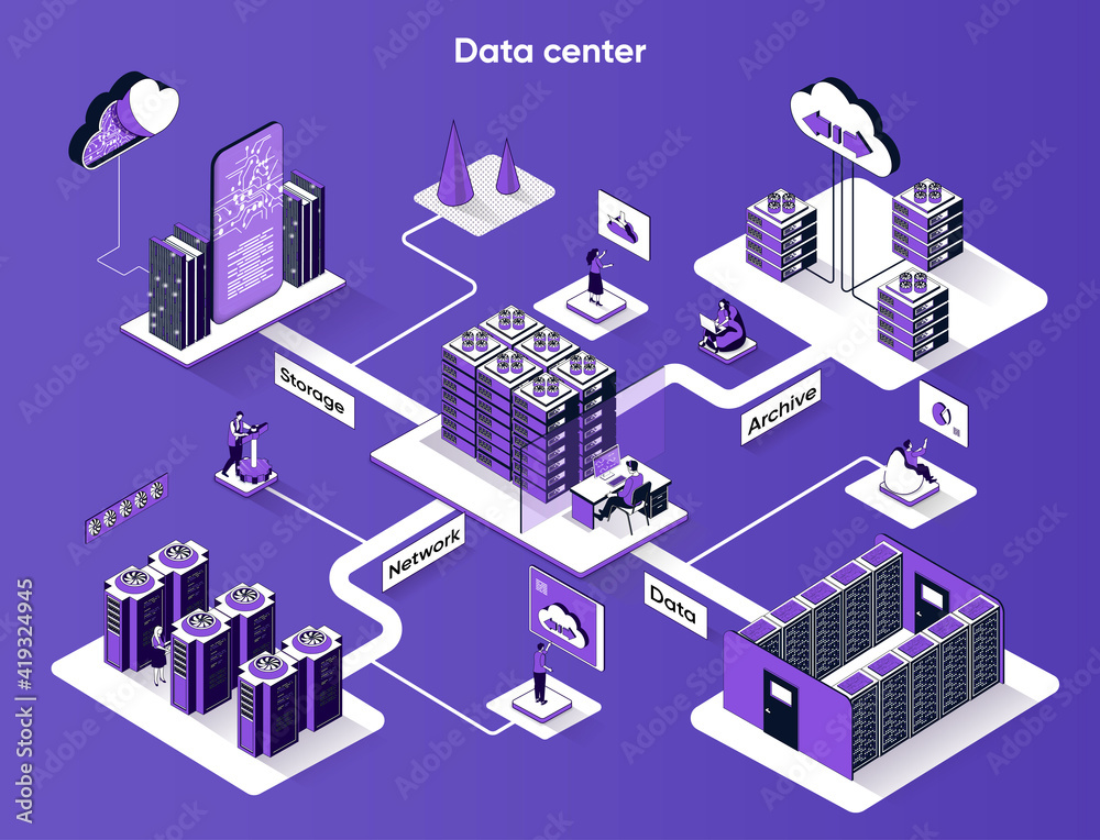 Data center isometric web banner. Networking, database, cloud storage ...