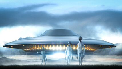 Wall Mural - long shot of three aliens in withe space suite landing on a landscape and a ufo with bright light in