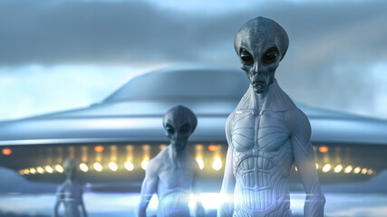 Wall Mural - close encounters with three aliens grey in a withe space suite and ufo in the background with bright