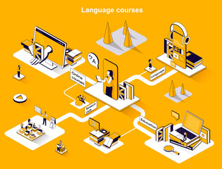 Aufkleber - Language courses isometric web banner. Online studying, speech club, e-learning 3d scene design. Educational seminars or training flat isometry concept. Vector illustration with tiny people characters