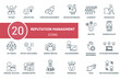 © Mariia - Reputation Management icon set. Contains editable icons reputation management theme such as creative idea, innovation research, organization and more.