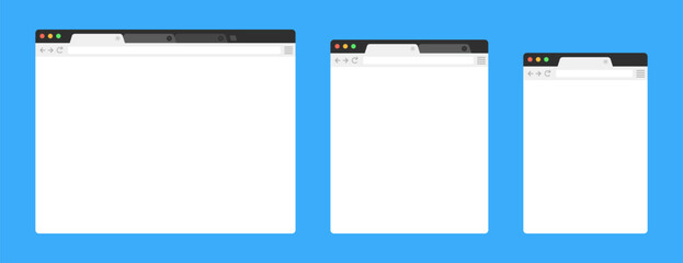 Browser mockups on blue background. Design a simple blank web page. Template browser window on compute, tablet and smartphone. Vector set.