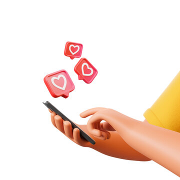 cartoon character hand holding smartphone with social network like heart icons isolated over white b