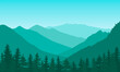 Vector illustration of a mountain landscape with a forest. Flat cartoon green color illustration for hike, track, camp. Outdoor and hiking concept. Template with mountains and trees silhouette.