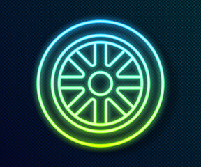 Glowing neon line Car wheel icon isolated on black background. Vector.