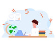 Young boy sitting at her Desk and looking at the computer, office at home. Boy distance learning with laptop, flat cartoon vector illustration isolated