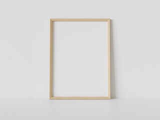 Poster - Wooden frame leaning on white floor in interior mockup. Template of a picture framed on a wall 3D rendering