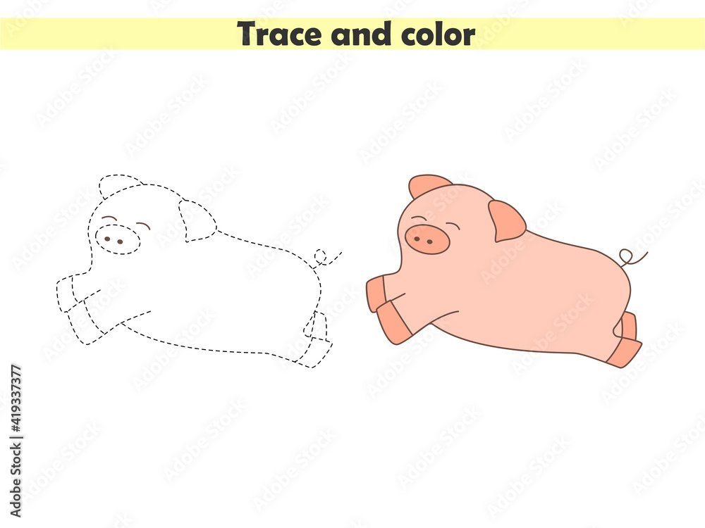 Trace and color the cute pig. Learning to draw and paint. Worksheet for ...