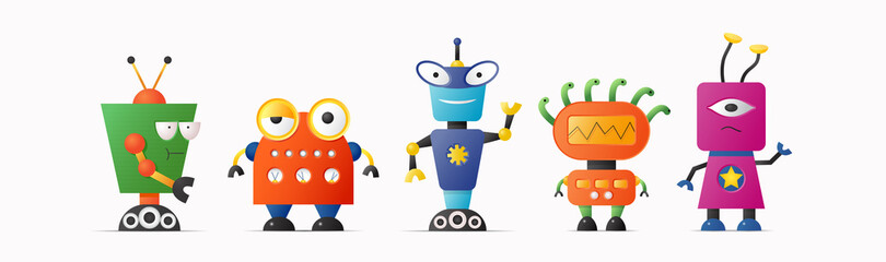 Set of cute vector robot characters for kids. Funny vintage style robotics