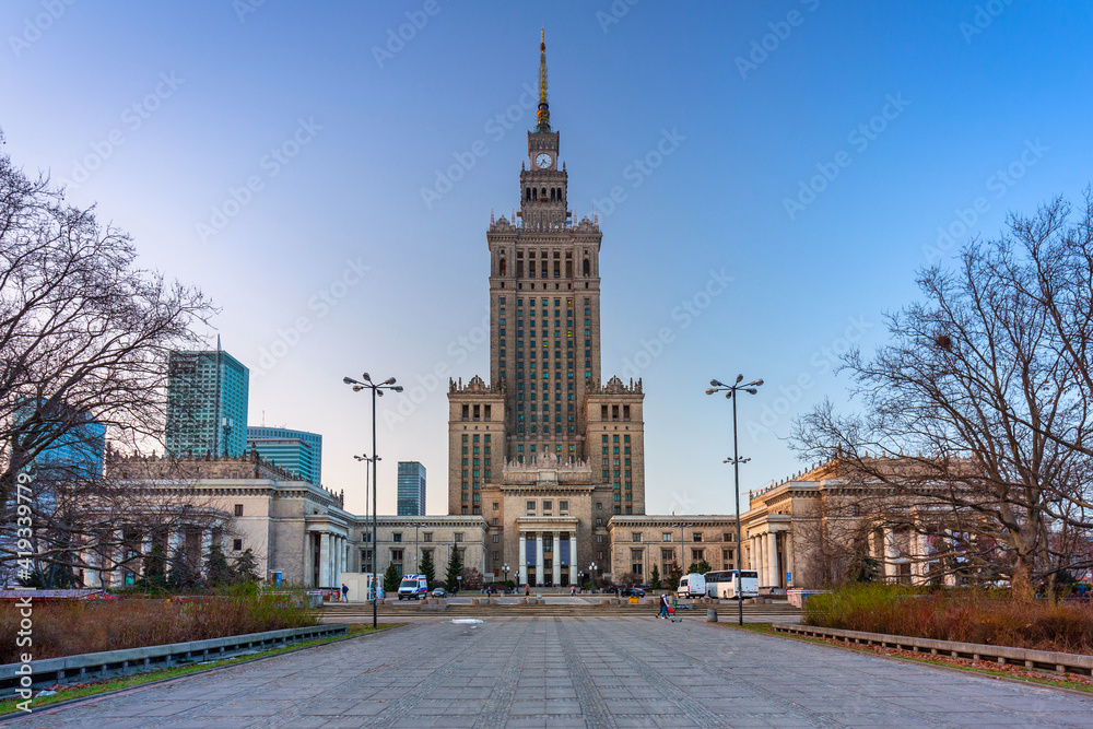 Architecture of Warsaw with the Palace of the Culture and Science, Poland. - obrazy, fototapety, plakaty 