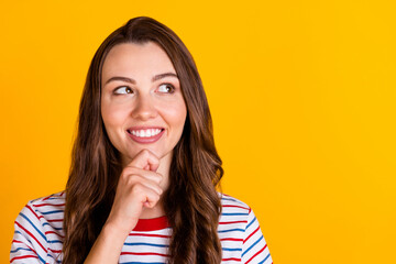 Sticker - Close-up portrait of attractive cheerful creative girl thinking copy empty blank space isolated over bright yellow color background